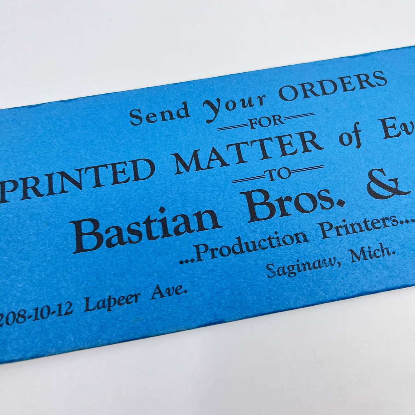 1920s Blotter Card Blue Bastian Brothers & Company Printers Saginaw MI SC9