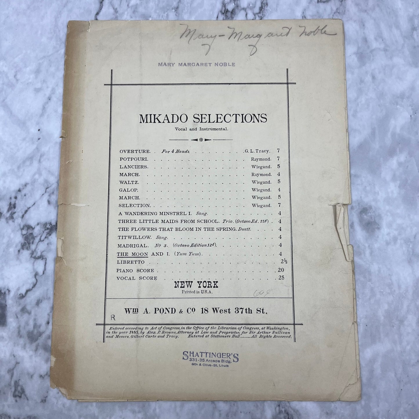 1885 Wm A Pond Sheet Music Yum-Yum Alex P. Brown Mikado Selections V41-2