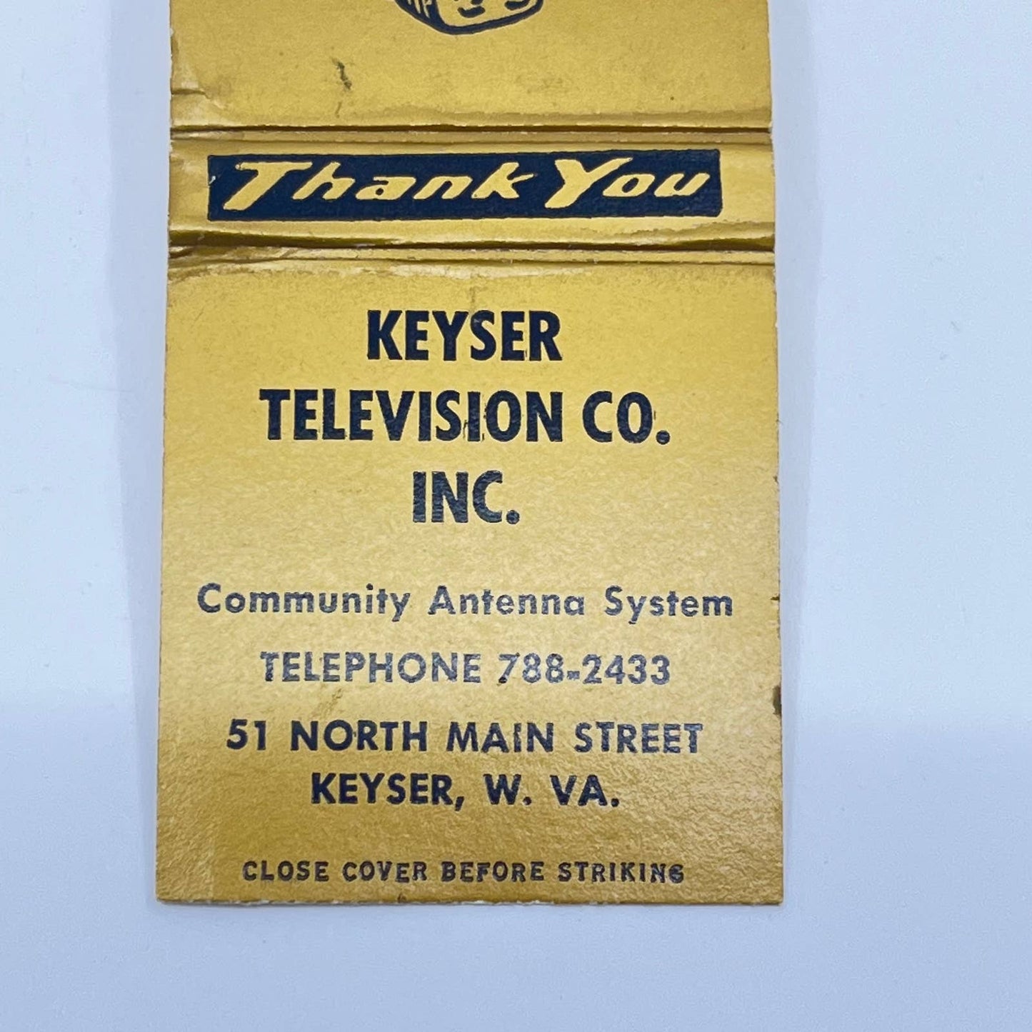 Vintage Matchbook Cover Keyser Television Co. Keyser W. VA Able Cable WV SC6