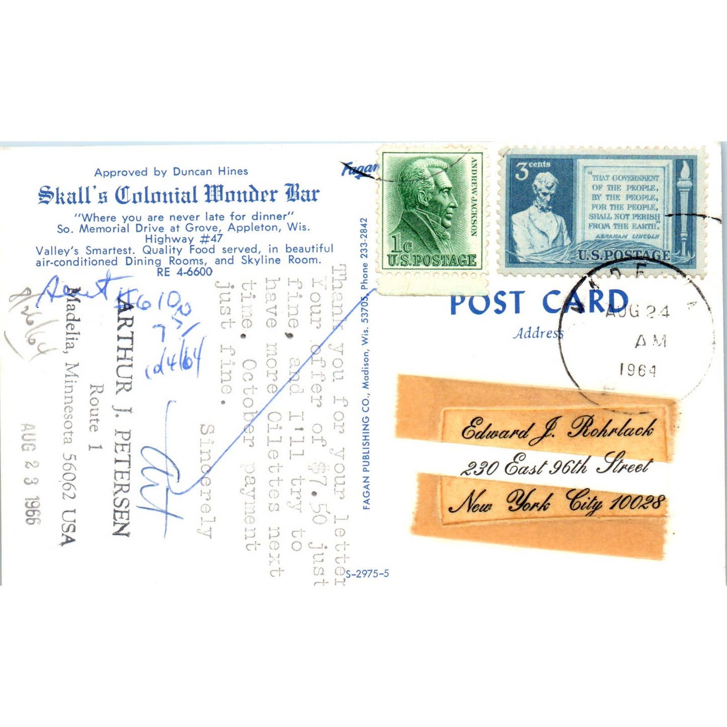 Jack Skall's Colonial Wonder Bar Appleton 1964 WI Original Postcard TJ9-P3