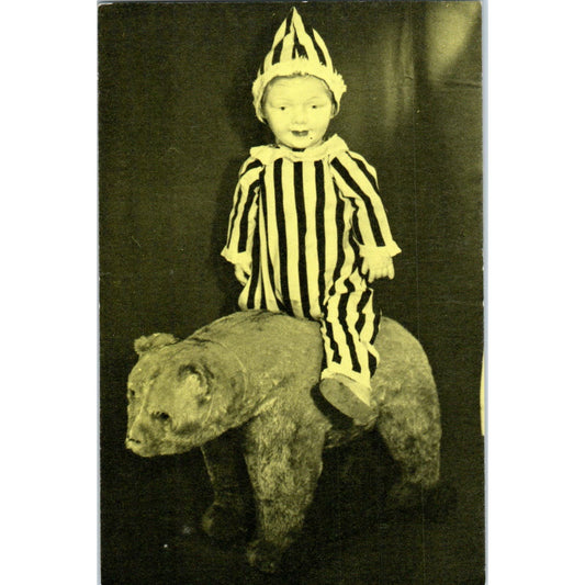 French Bisque Clown Doll Riding Straw Stuffed Bear Original Postcard PB10