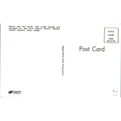 Eskimo Kayak Sheldon Jackson Museum Sitka Alaska Original Postcard TK1-29