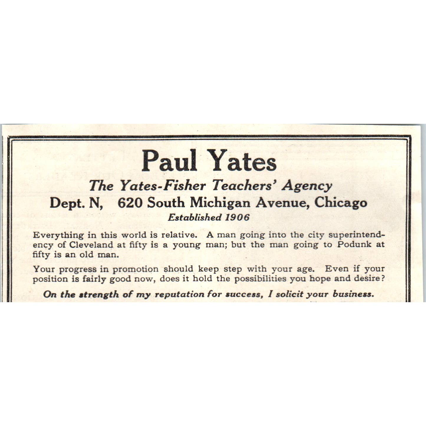 1931 Paul Yates Yates-Fisher Teachers' Agency Chicago Advertisement ~2.5x4 SE6-1