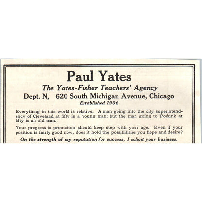 1931 Paul Yates Yates-Fisher Teachers' Agency Chicago Advertisement ~2.5x4 SE6-1