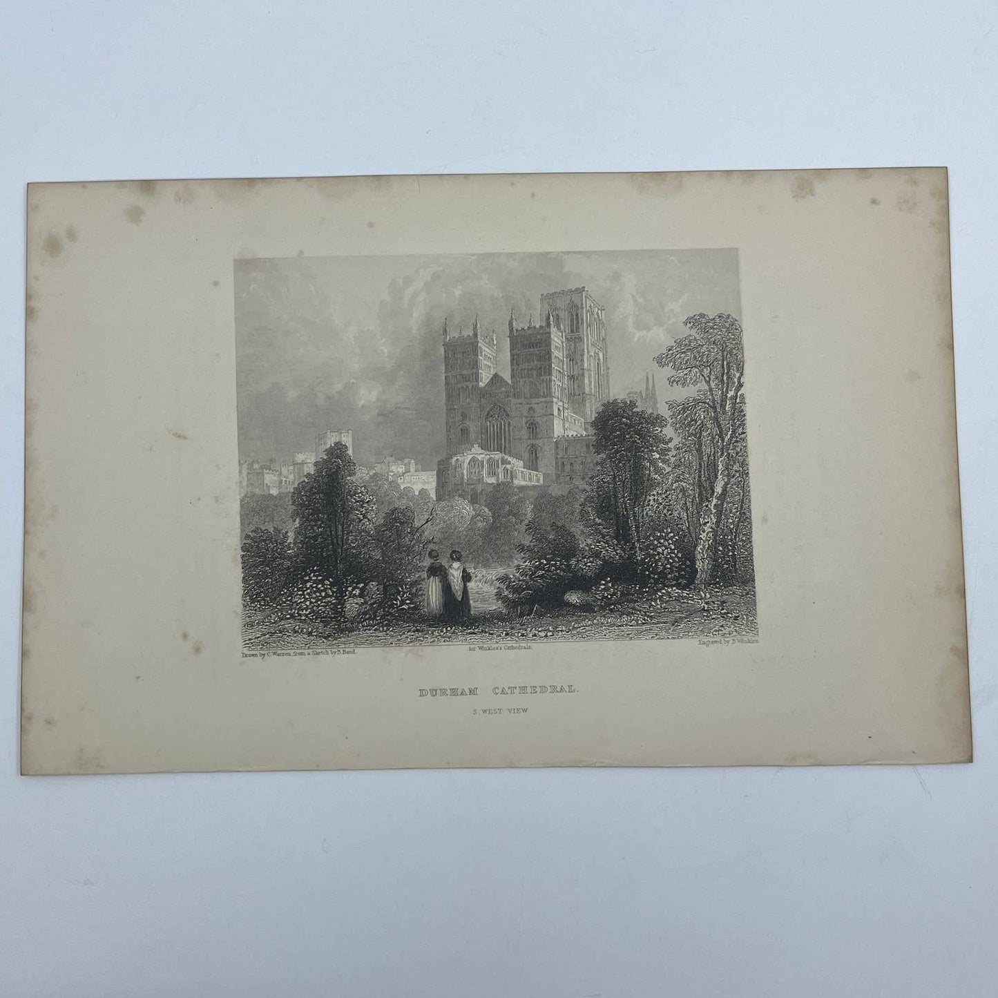 1842 Original Art Engraving Durham Cathedral - South West View AC6