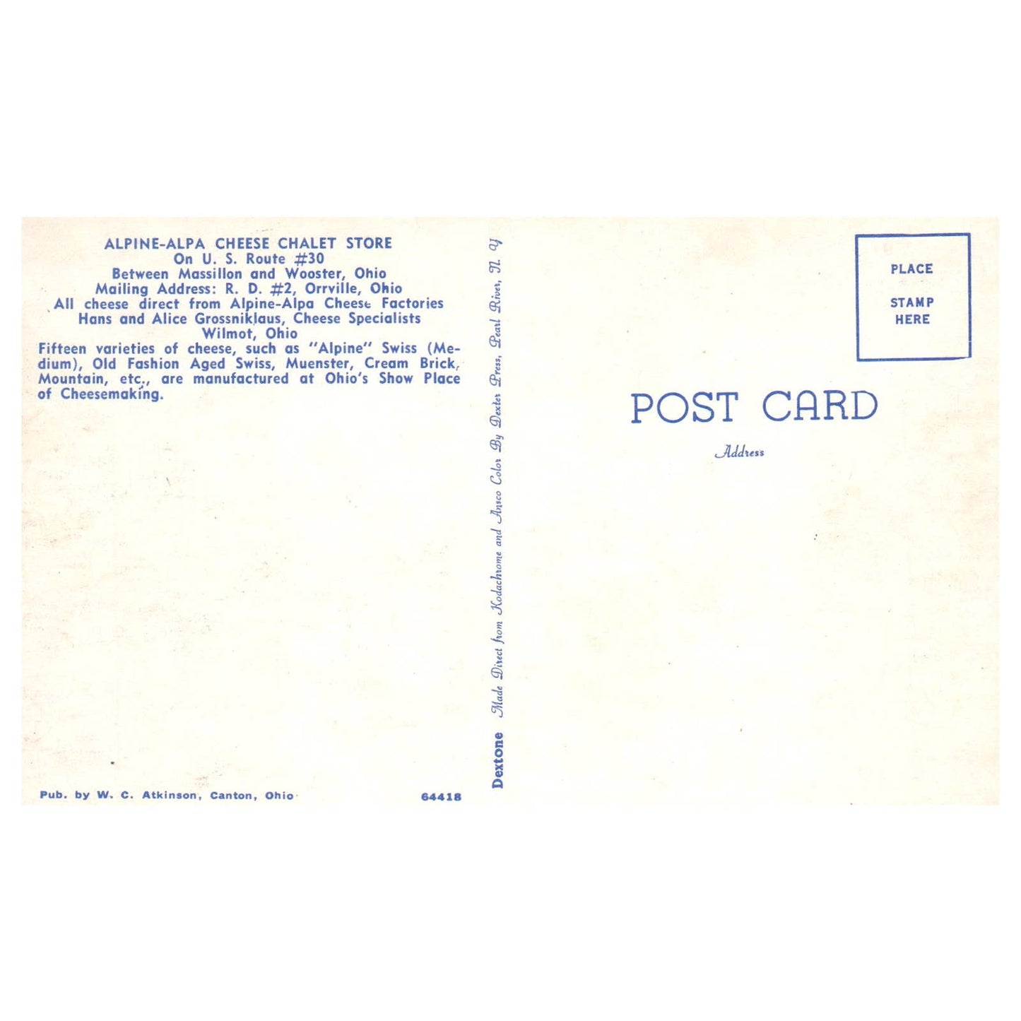Vtg Postcard Alpine-Alpa Cheese Chalet Store Wilmot OH Hans Grossniklaus TJ7-1