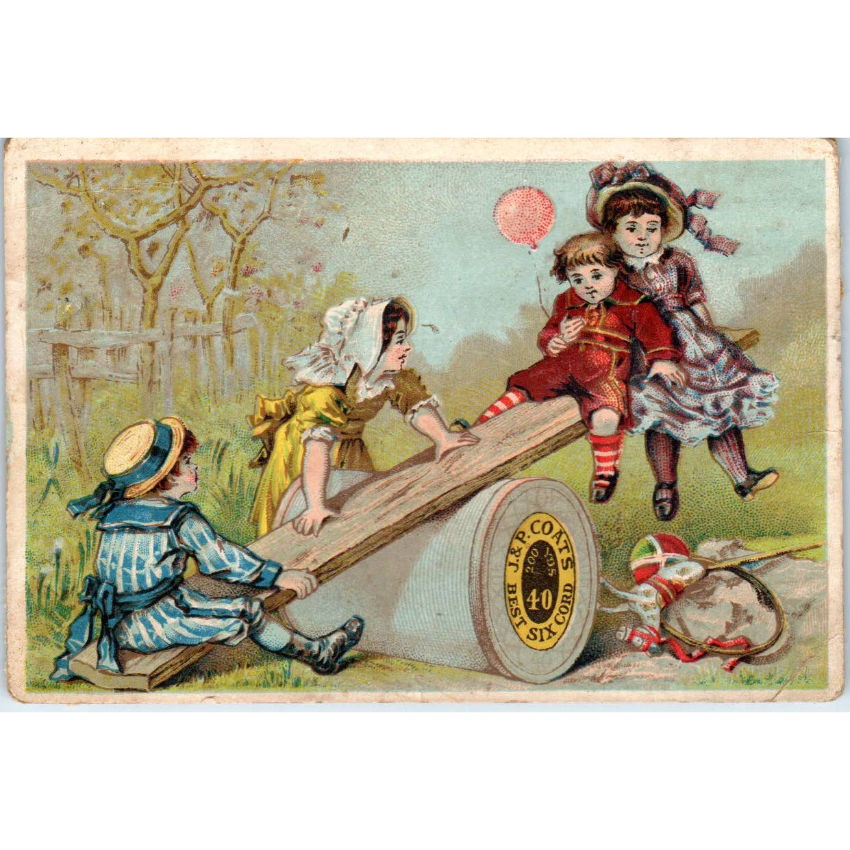 1880s Victorian Trade Card J&P Coats Children Seesaw Giant Spool of Thread SF2