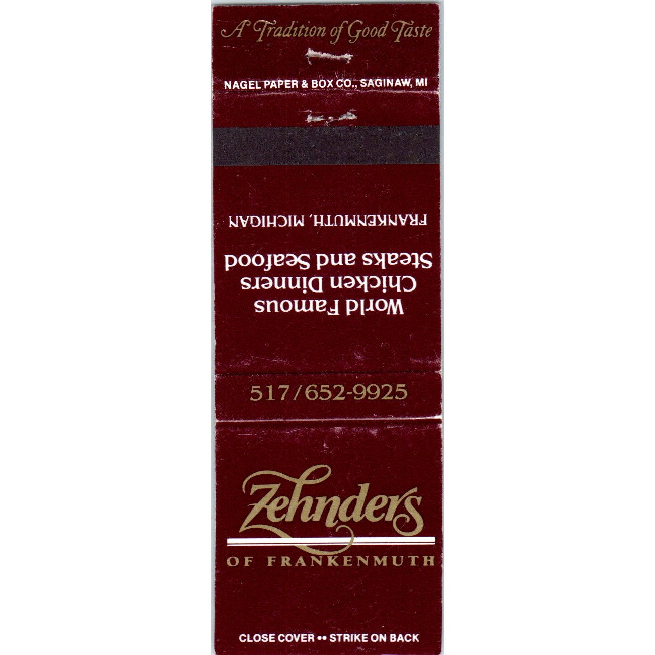Zehnders Restaurant Frankenmuth Advertising Matchbook Cover MM9-9