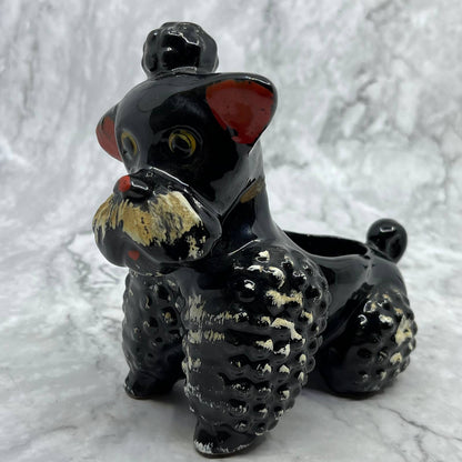1950s Black Poodle Dog Planter Ceramic Redware Black And White 6x6.5 TJ1