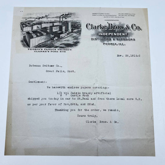 1915 Clarke Bros. & Co. Distillers & Blenders Letterhead Peoria IL AB5