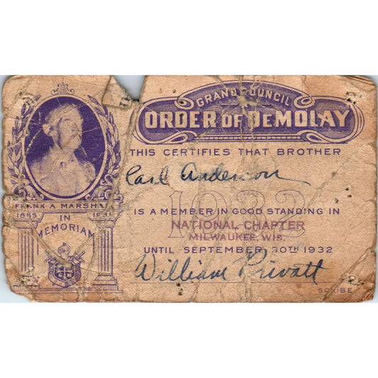 1915 Order of DeMolay Membership Card Milwaukee WI Carl Anderson SE5