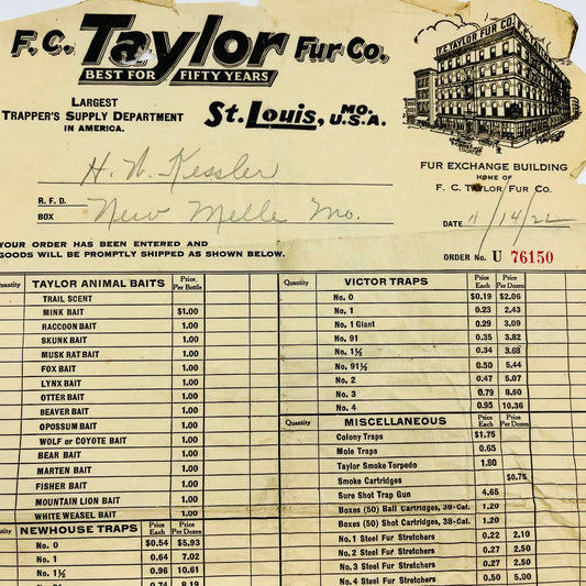 1922 F.C. Taylor Fur Co. St. Louis MO Letterhead Bill Invoice D5