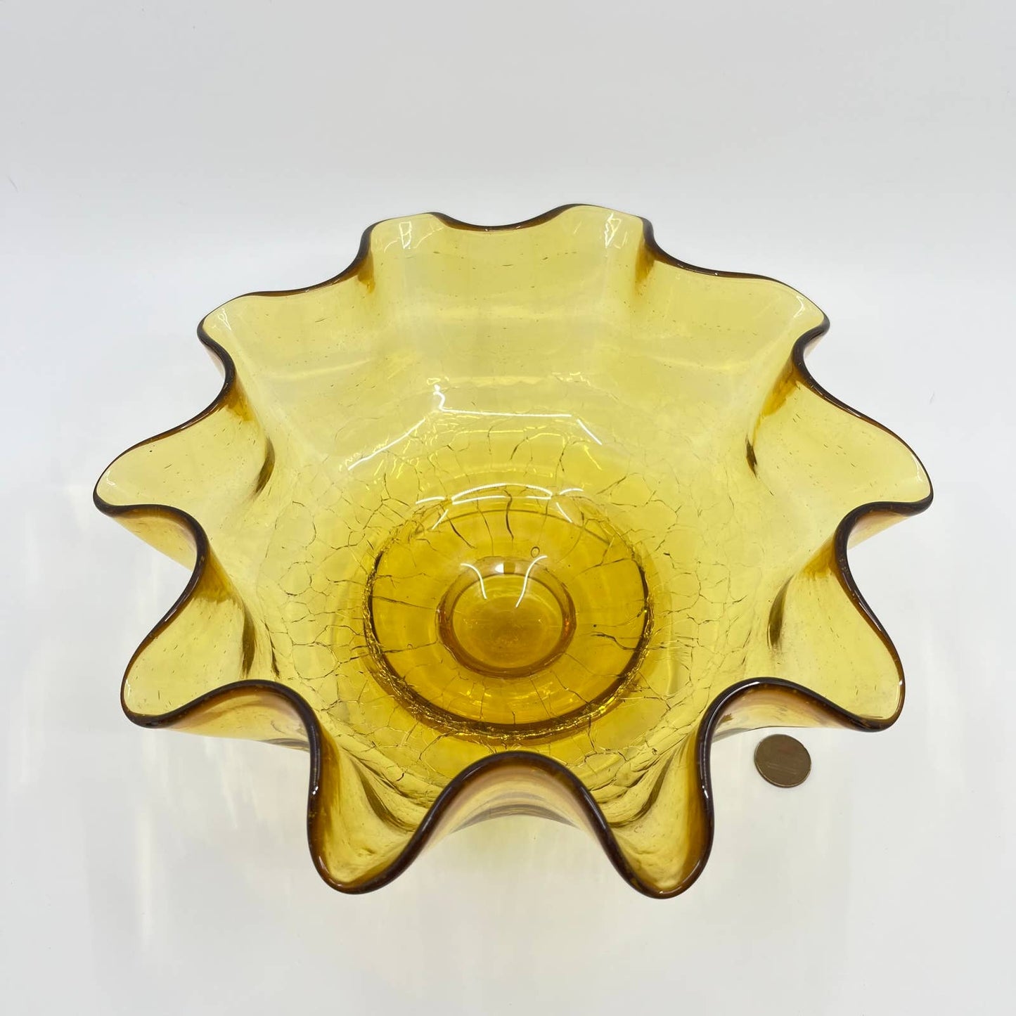 Vintage Large Blenko Crackle Glass Ruffle Edge Bowl Golden Honey 9” TE7