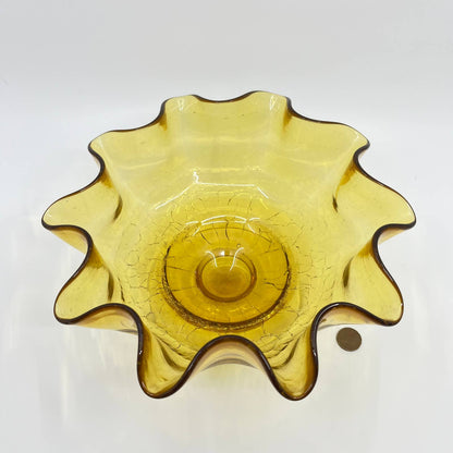 Vintage Large Blenko Crackle Glass Ruffle Edge Bowl Golden Honey 9” TE7