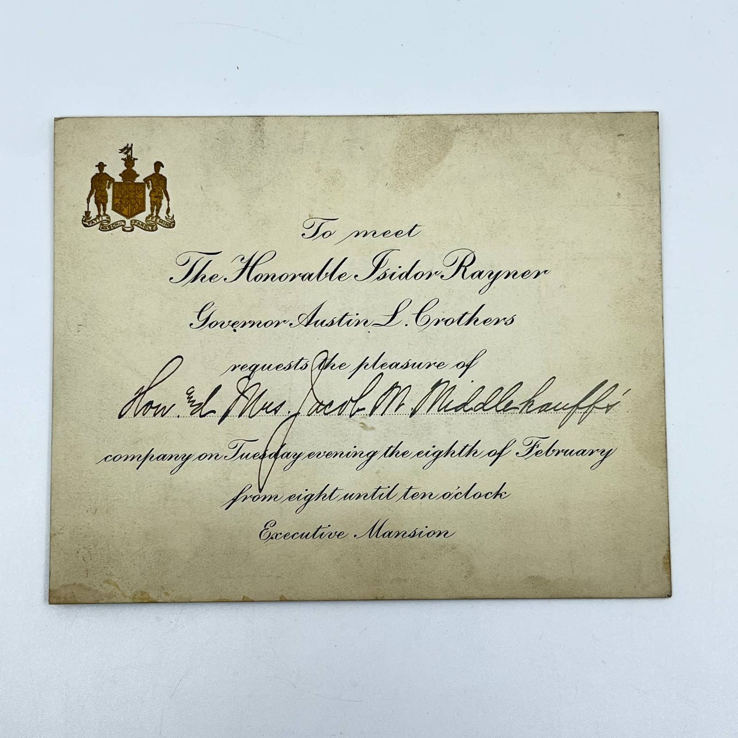 c1908 Invitation Isidor Raynor & Maryland Governor Austin L. Crothers SC6