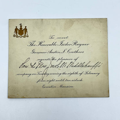c1908 Invitation Isidor Raynor & Maryland Governor Austin L. Crothers SC6