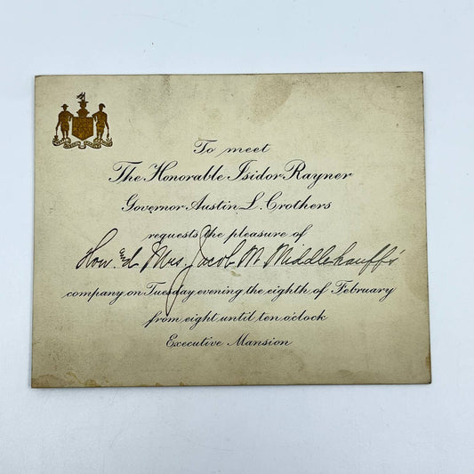c1908 Invitation Isidor Raynor & Maryland Governor Austin L. Crothers SC6