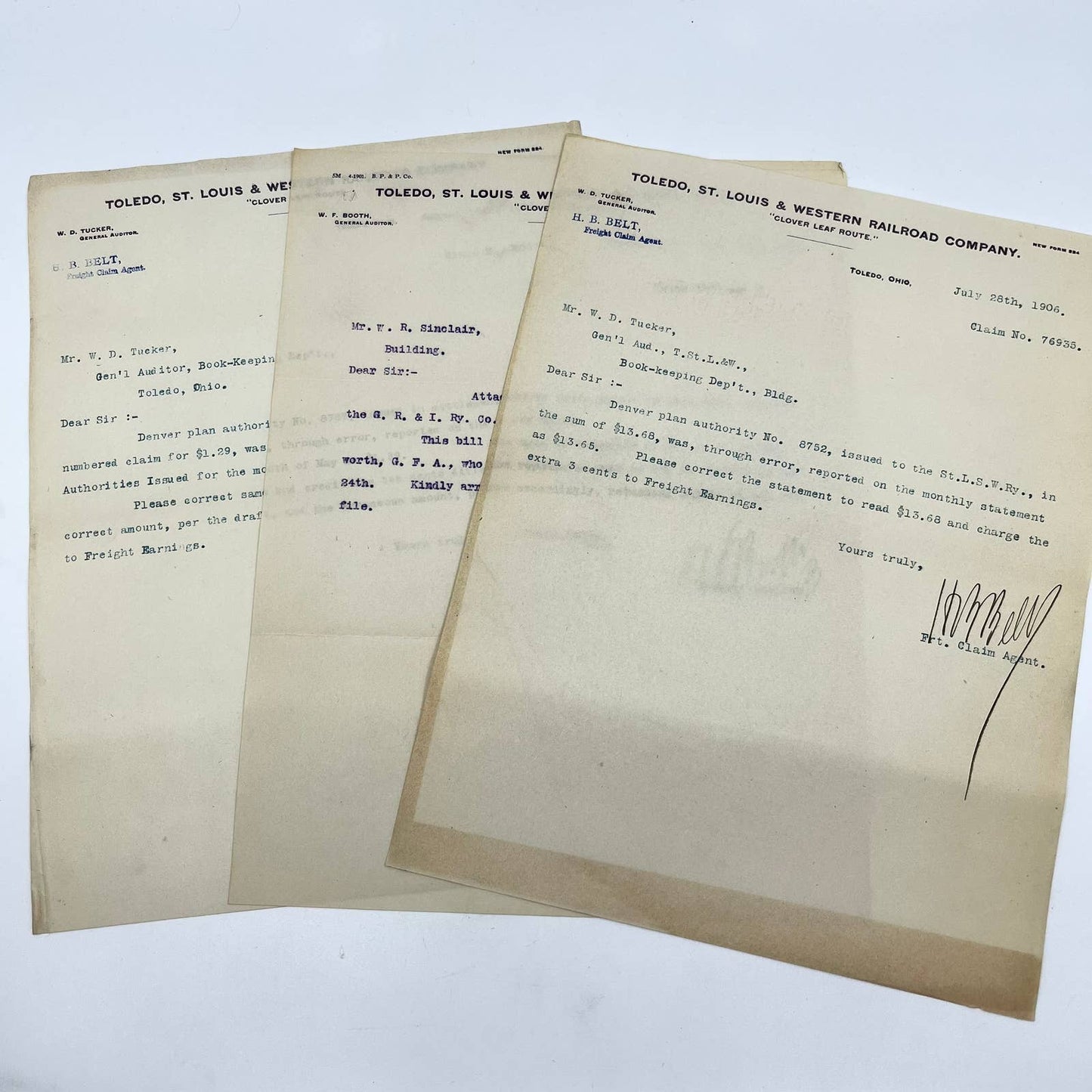 1906 Toledo, St. Louis & Western Railroad RR Letterhead Memo Lot of 3 AA9-1