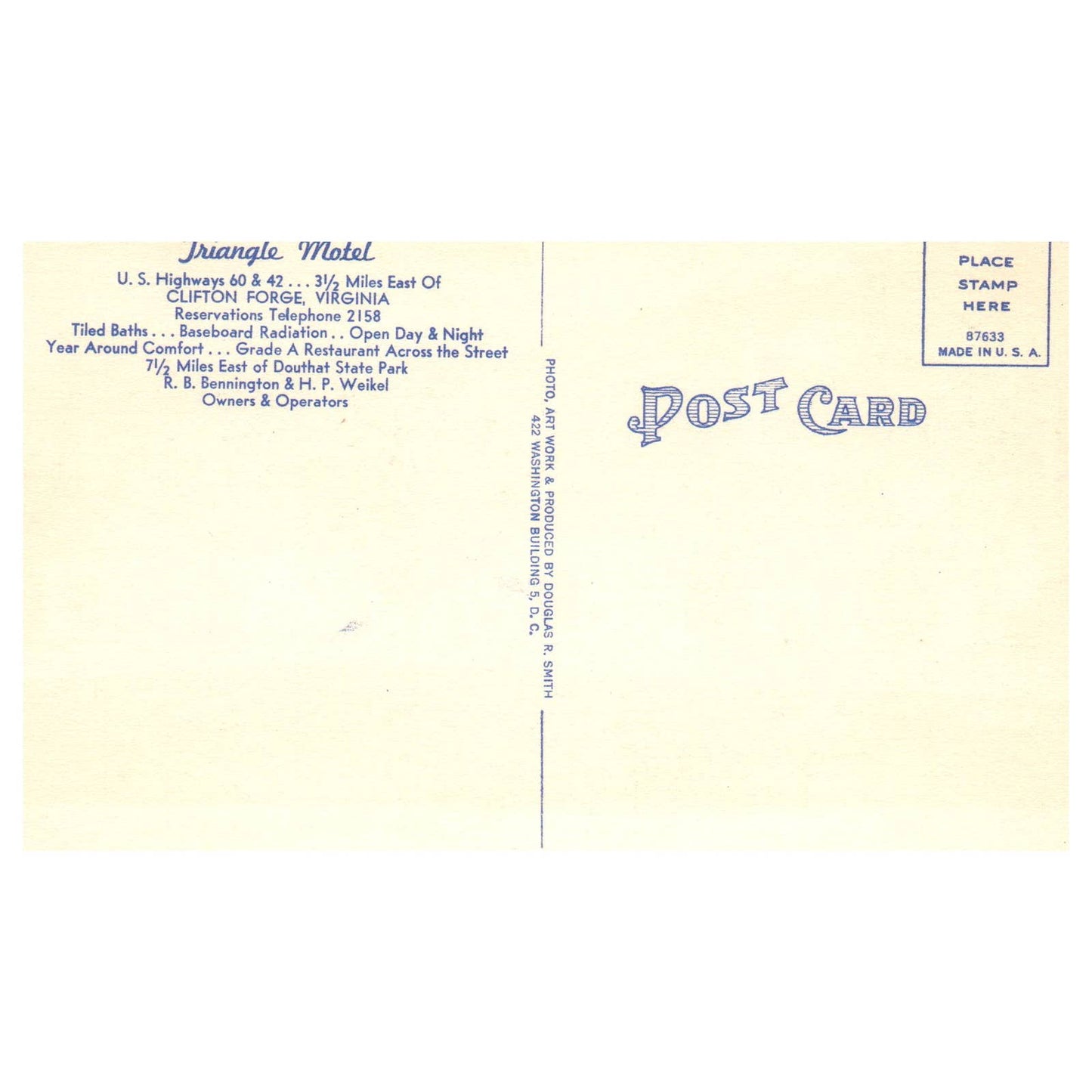 Triangle Motel Clifton Forge Virginia RB Bennington HP Weikel - Postcard TJ8-2