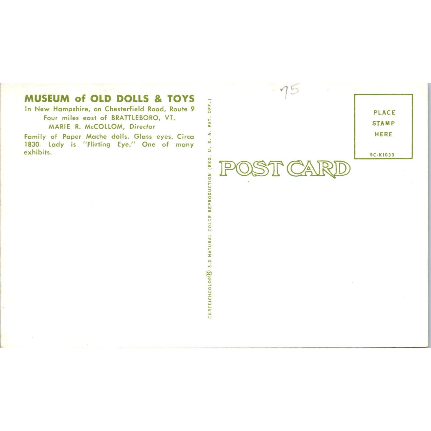 Museum of Old Dolls & Toys Marie R. McCollom Brattleboro Original Postcard PB6
