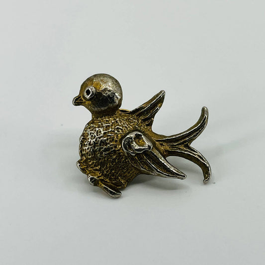 Vintage Bird Duckling Textured Leaf Pin Brooch Silver Tone SB2