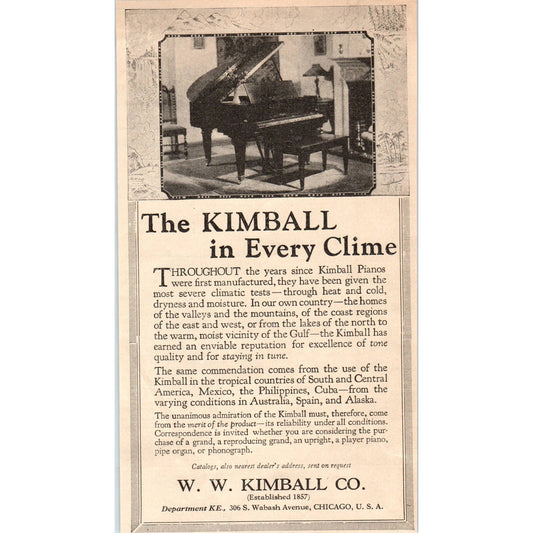 c1930 Print Ad Kimball Pianos W.W. Kimball Co Chicago 4x8" AD4