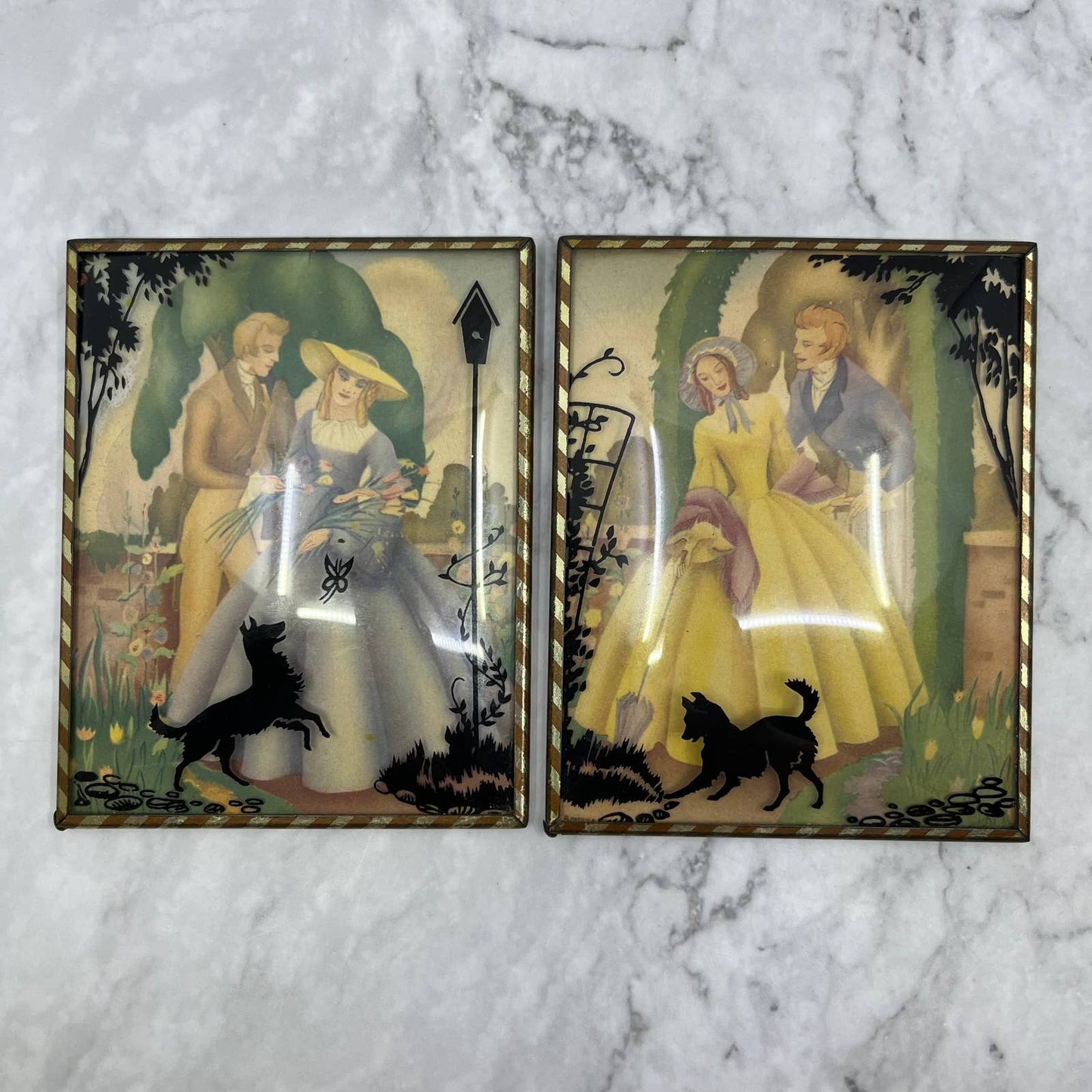 Vtg Pair of Reverse Painted Silhouettes Convex Glass Dog Romantic Couple 4x5 TE3