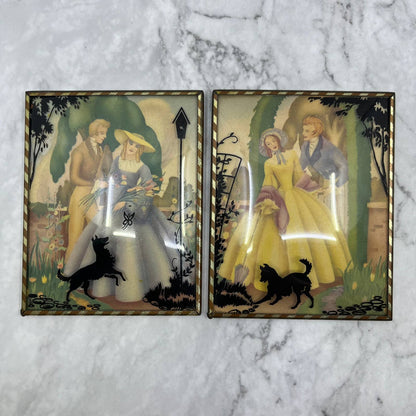 Vtg Pair of Reverse Painted Silhouettes Convex Glass Dog Romantic Couple 4x5 TE3