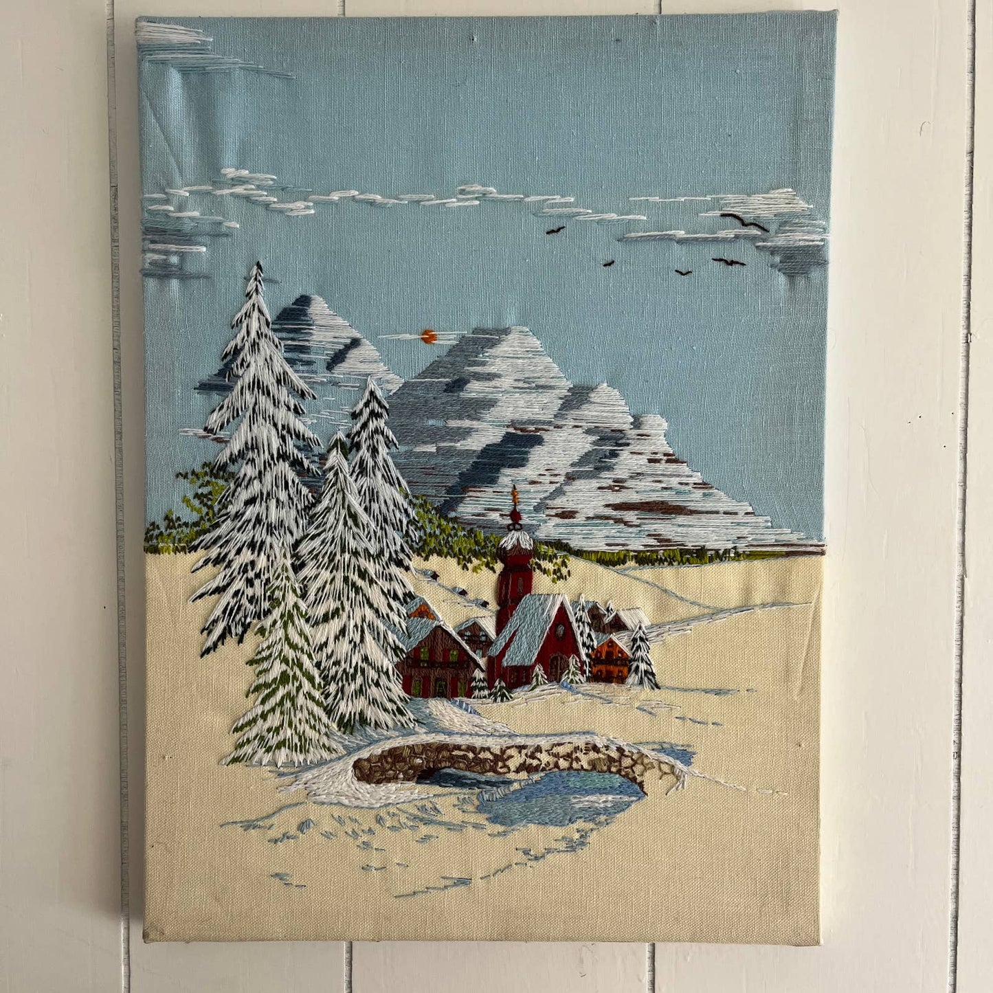 Vintage Embroidery Crewel Wall Art Winter Ski Chalet Mountains Snow 23x17"