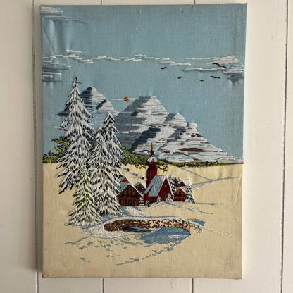 Vintage Embroidery Crewel Wall Art Winter Ski Chalet Mountains Snow 23x17"