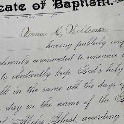 1891 North Indiana Methodist Church Baptism Certificate Verna Willcoxon FL5