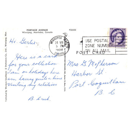 Vintage Postcard - Portage Avenue Winnipeg Manitoba Canada Small Tear AD9