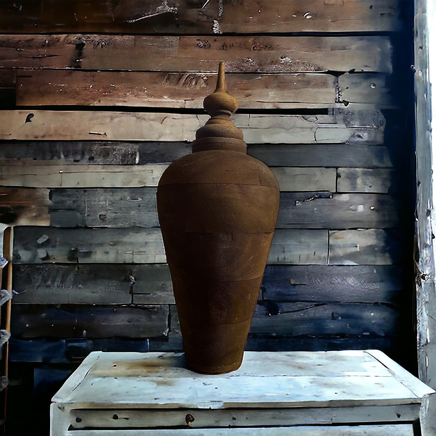 Large 18" Handmade Solid Wood Urn Vase With Finial Cap