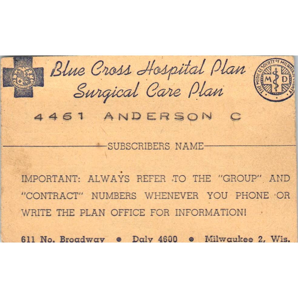 1947 Blue Cross Hospital & Surgical Care Plan Card Carl W.K. Anderson SE5