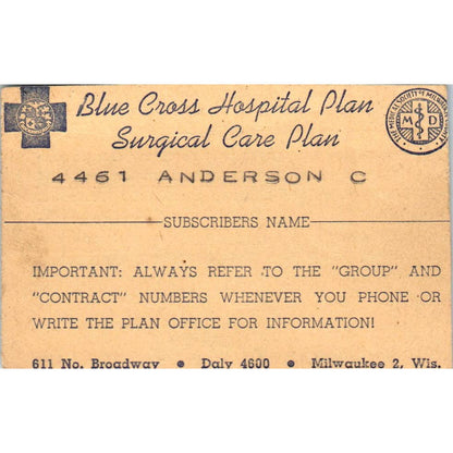 1947 Blue Cross Hospital & Surgical Care Plan Card Carl W.K. Anderson SE5
