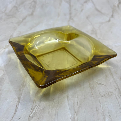 Square Yellow Amber Glass Cigar Ashtray Heavy MCM 4.5" Anchor Hocking TC9