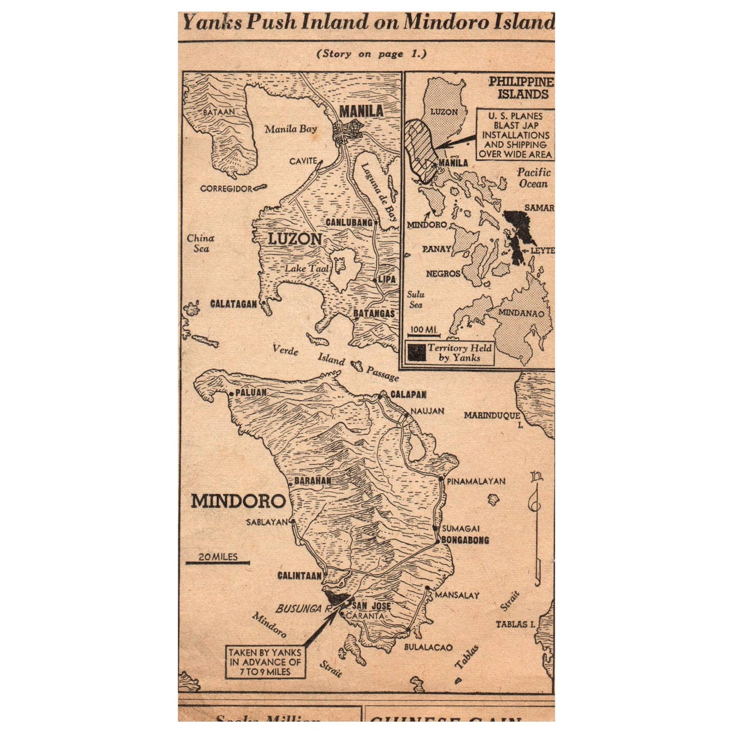 1944 WWII Newspaper Map Germans Attack 1st Army Front, US on Midoro Island SF3-5