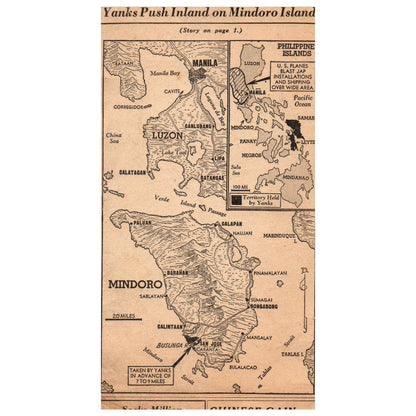 1944 WWII Newspaper Map Germans Attack 1st Army Front, US Midoro Island TH2-SF1