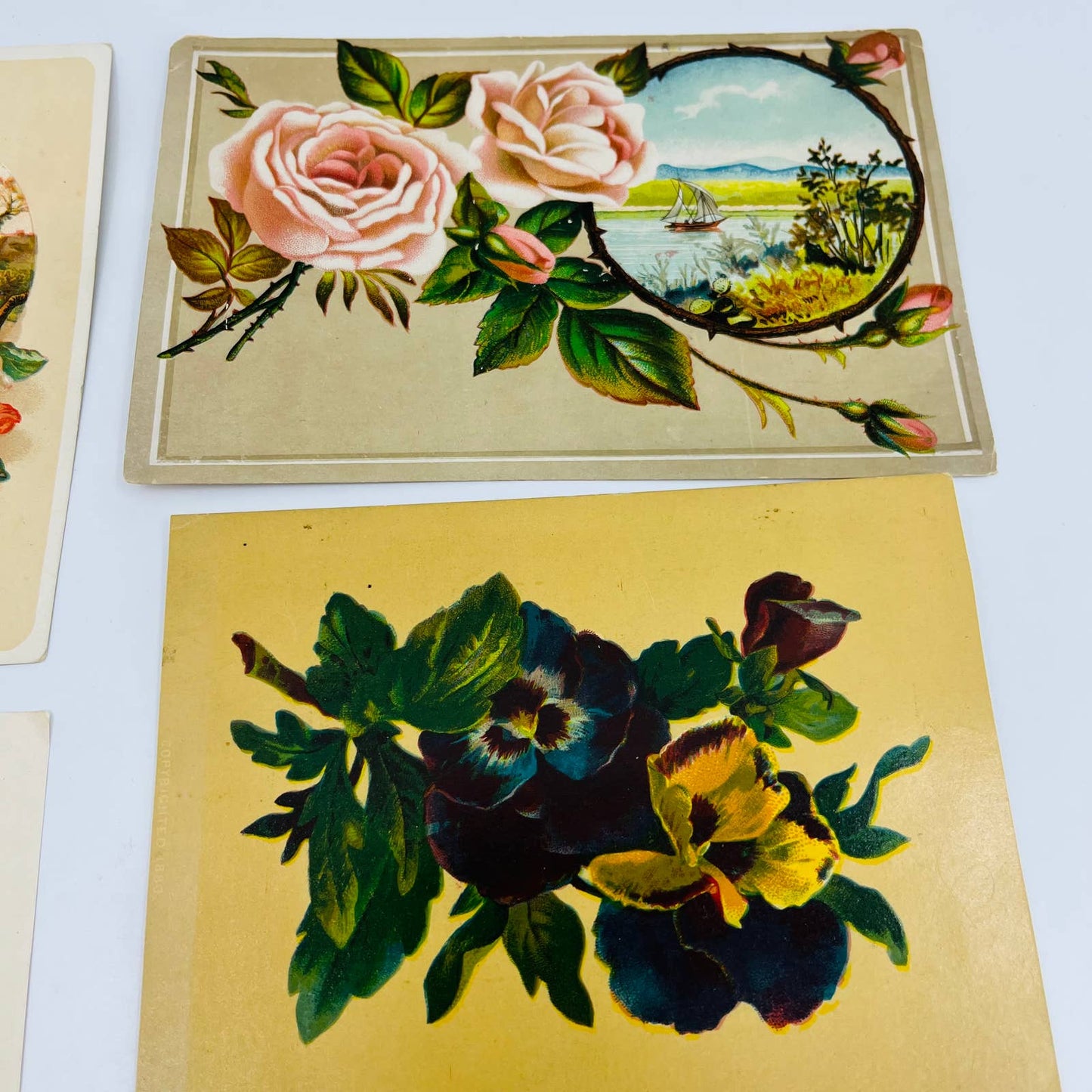 1880s Victorian Lithograph Card Scrap Set of 5 Flowers Roses 6” EA2