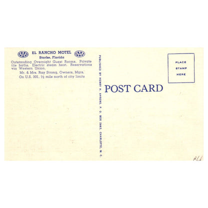 El Rancho Motel Starke Florida Mr & Mrs Ray Strong - Postcard TJ8-1