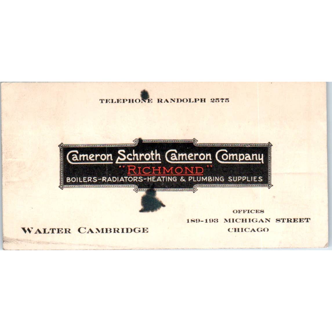 Vtg Business Card Cameron Schroth Company Richmond Walter Cambridge Chicago SE5