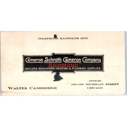 Vtg Business Card Cameron Schroth Company Richmond Walter Cambridge Chicago SE5