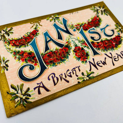 1910s Christmas New Year’s Post Card Embossed Flowers Dresden Gilt Holly PA3