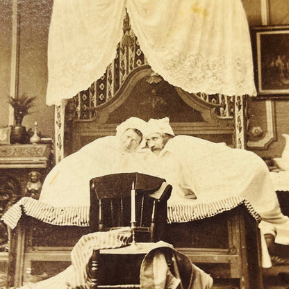 1870s Stereoview Card Victorian Couple Man and Woman in Bed “Put out lights”