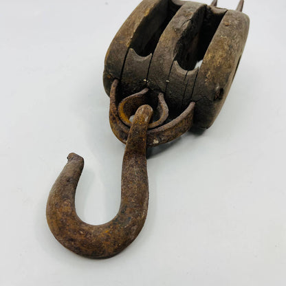 Vintage Antique Farmhouse Primitive Wood and Metal Pulley w/ Hook 9x3 TA9