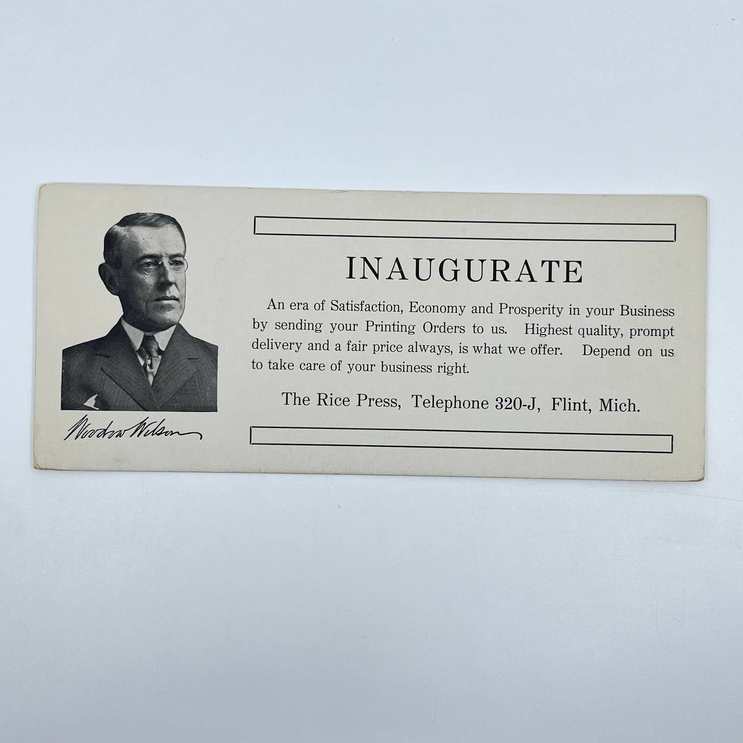 1910s Blotter Card The Rice Press Woodrow Wilson Inauguration Flint MI SC8