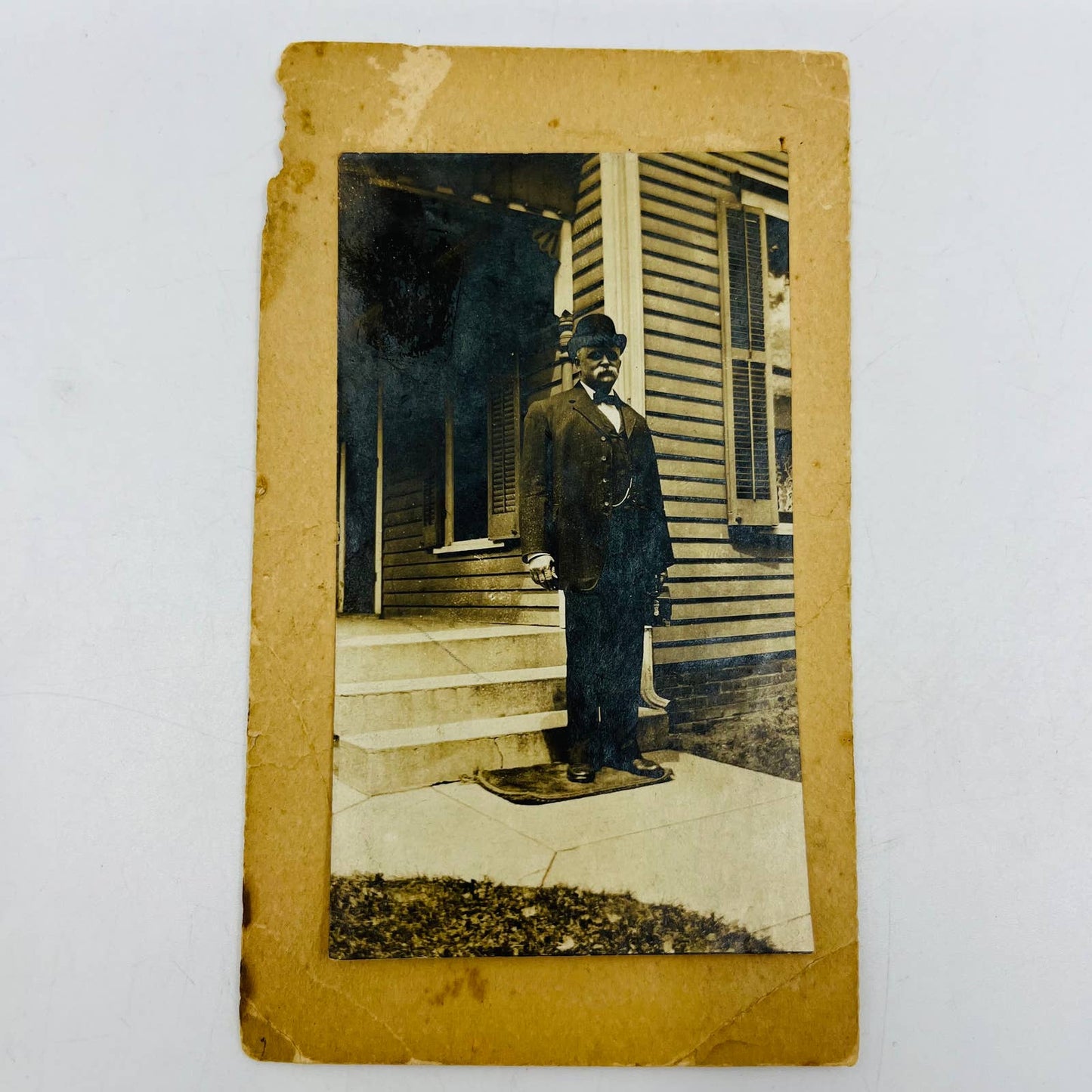 Early 1900s RPPC Portrait Older Man Suit Handlebar Mustache Lunchbox Derby PA9