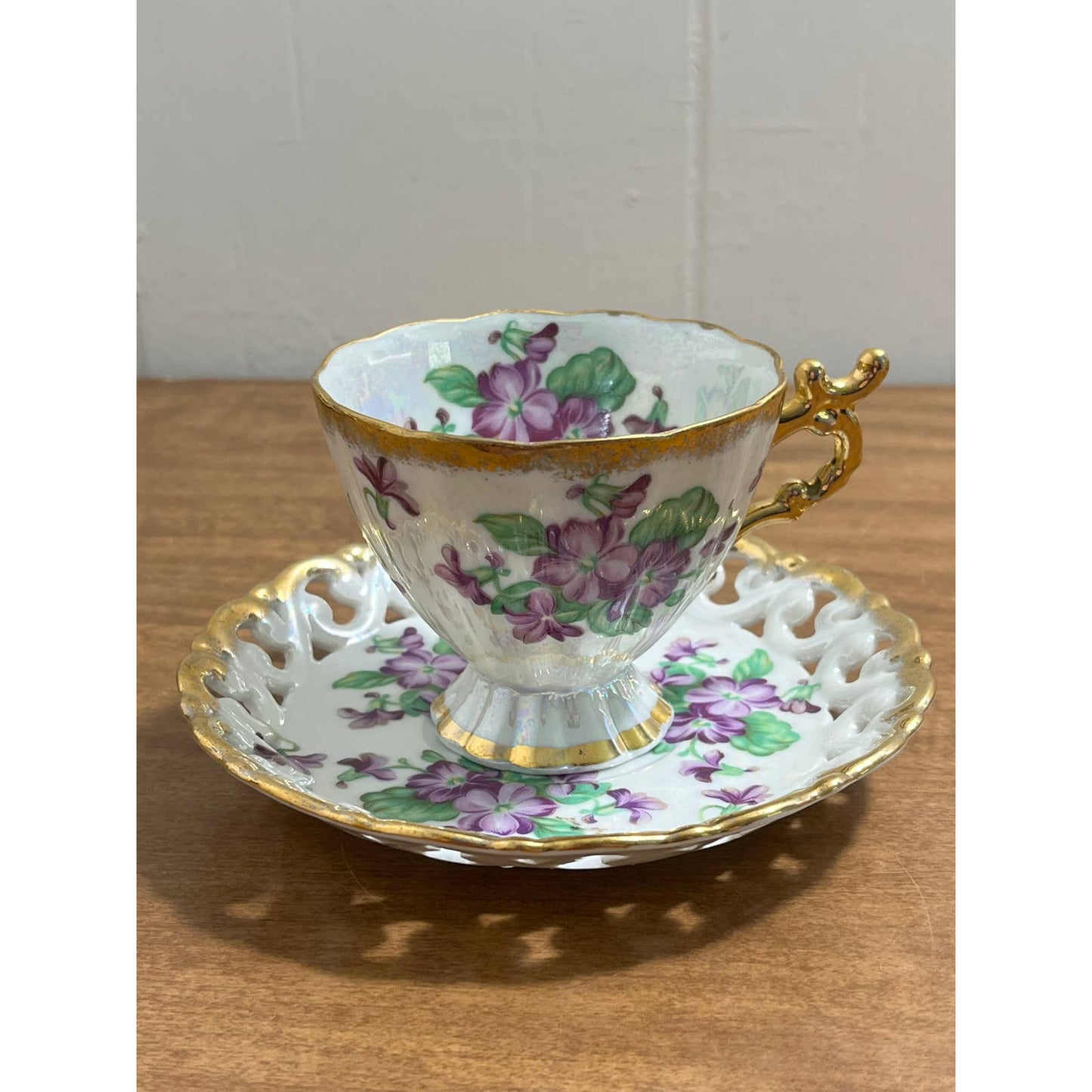 1950s Mid Century Shafford Japan Bone China Purple Floral Tea Cup & Saucer TG8