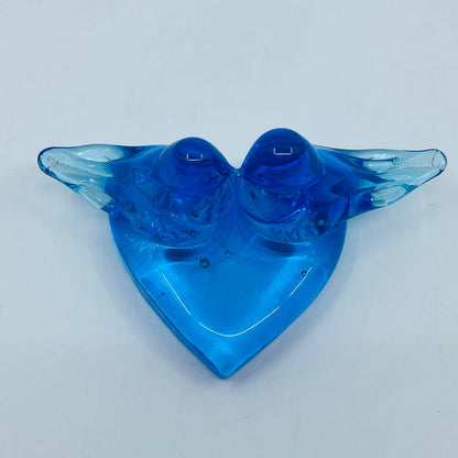 Kissing Heart Shaped Blue Birds of Happiness Blue Glass Paperweight 6x2.5” TD1