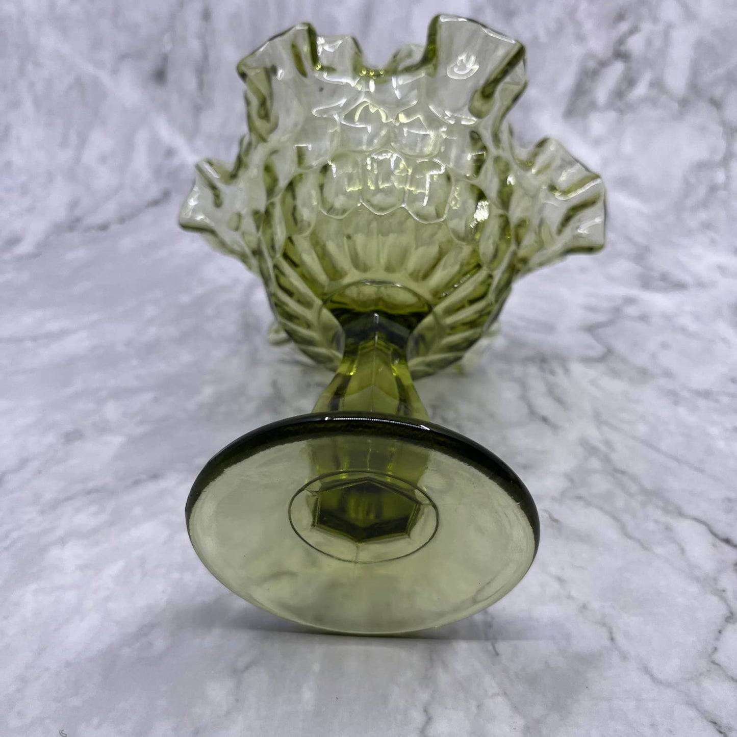 Vintage Fenton Green Ruffled Rim Thumbprint Compote Pedestal Candy Dish 6” TA2